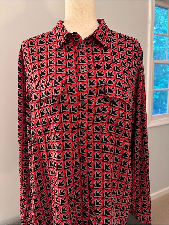 LOFT Tops - Red/Black Geometric Print Button-Down Blouse - LOFT XL